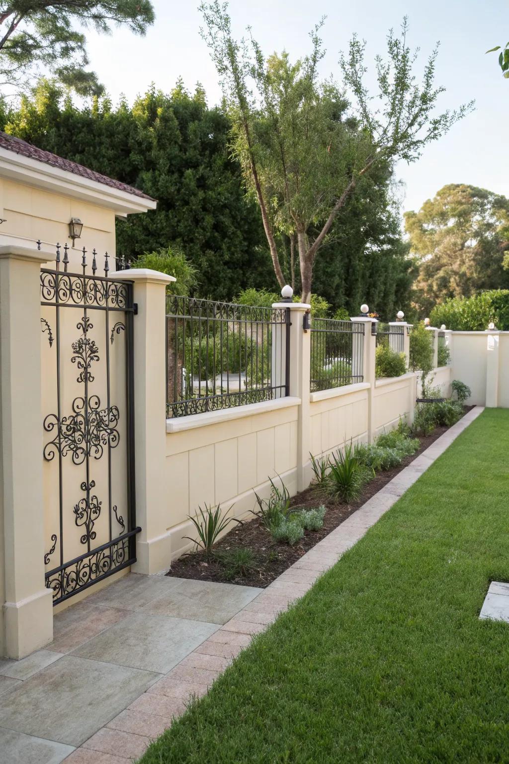 Stucco wall featuring bold metal accents.