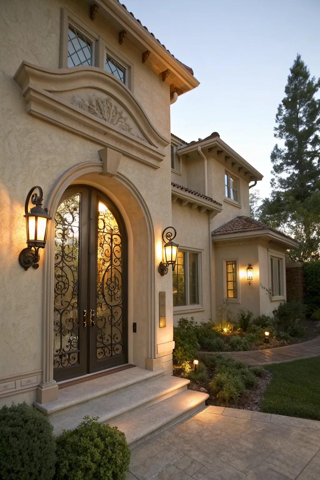 Stucco house with a welcoming entrance.