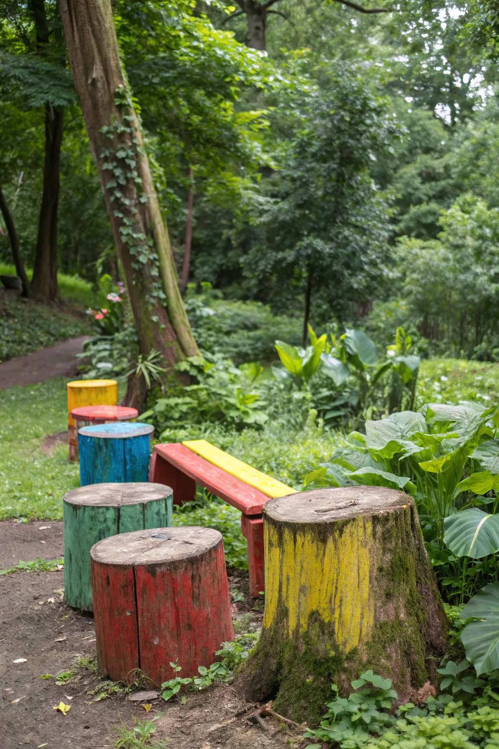 Add a splash of color with brightly painted stump benches.