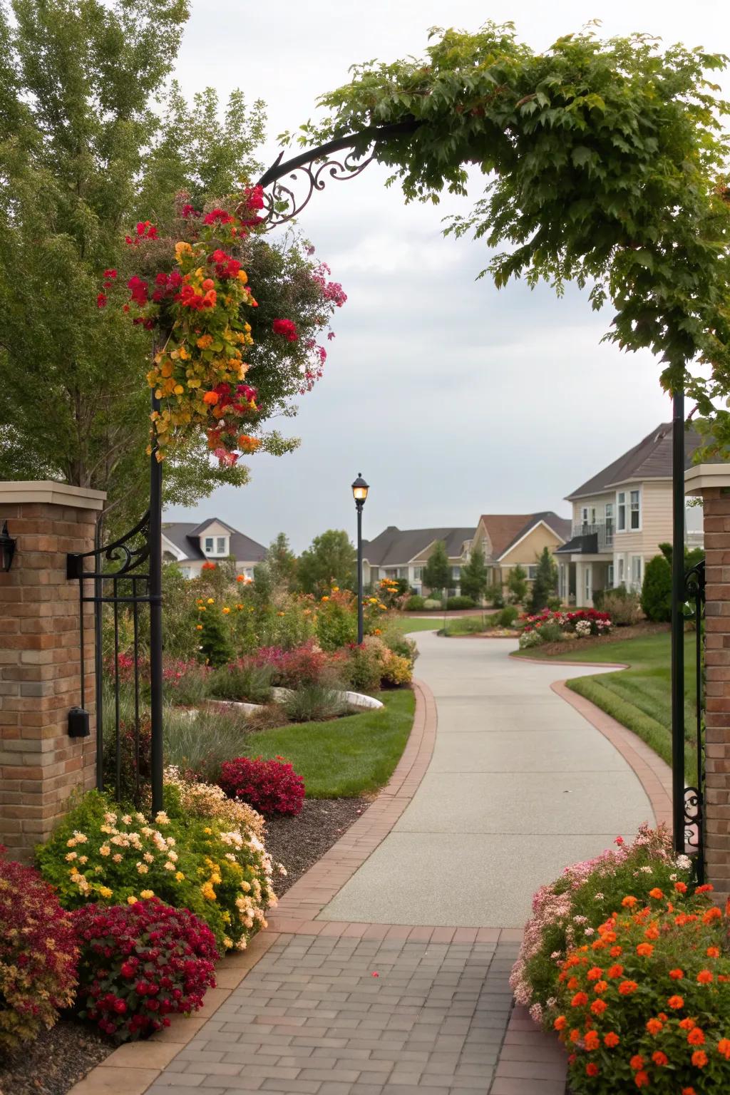 Seasonal plantings add fresh vibrancy to the entrance.