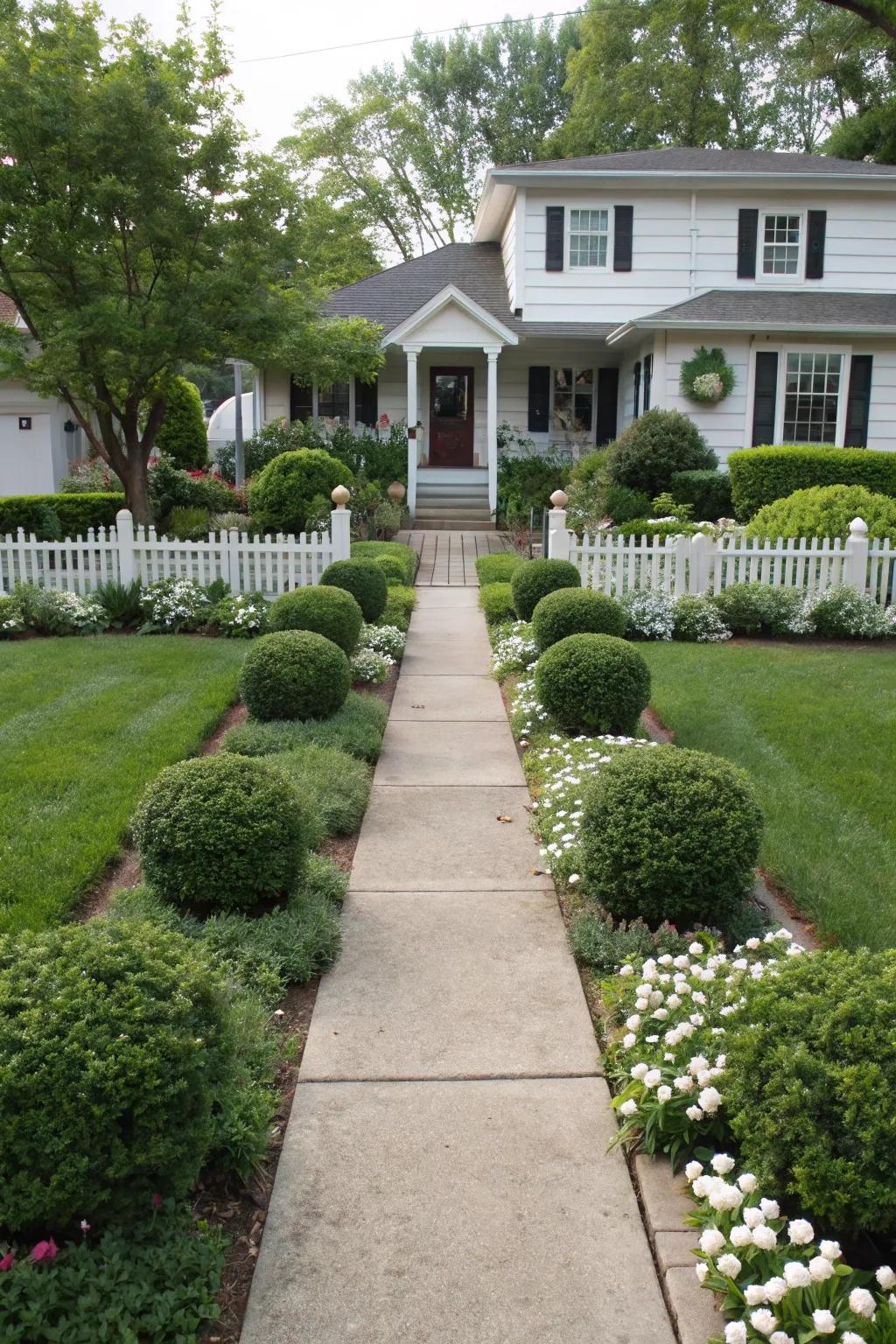Symmetrical design creates a harmonious and balanced look in this front yard.