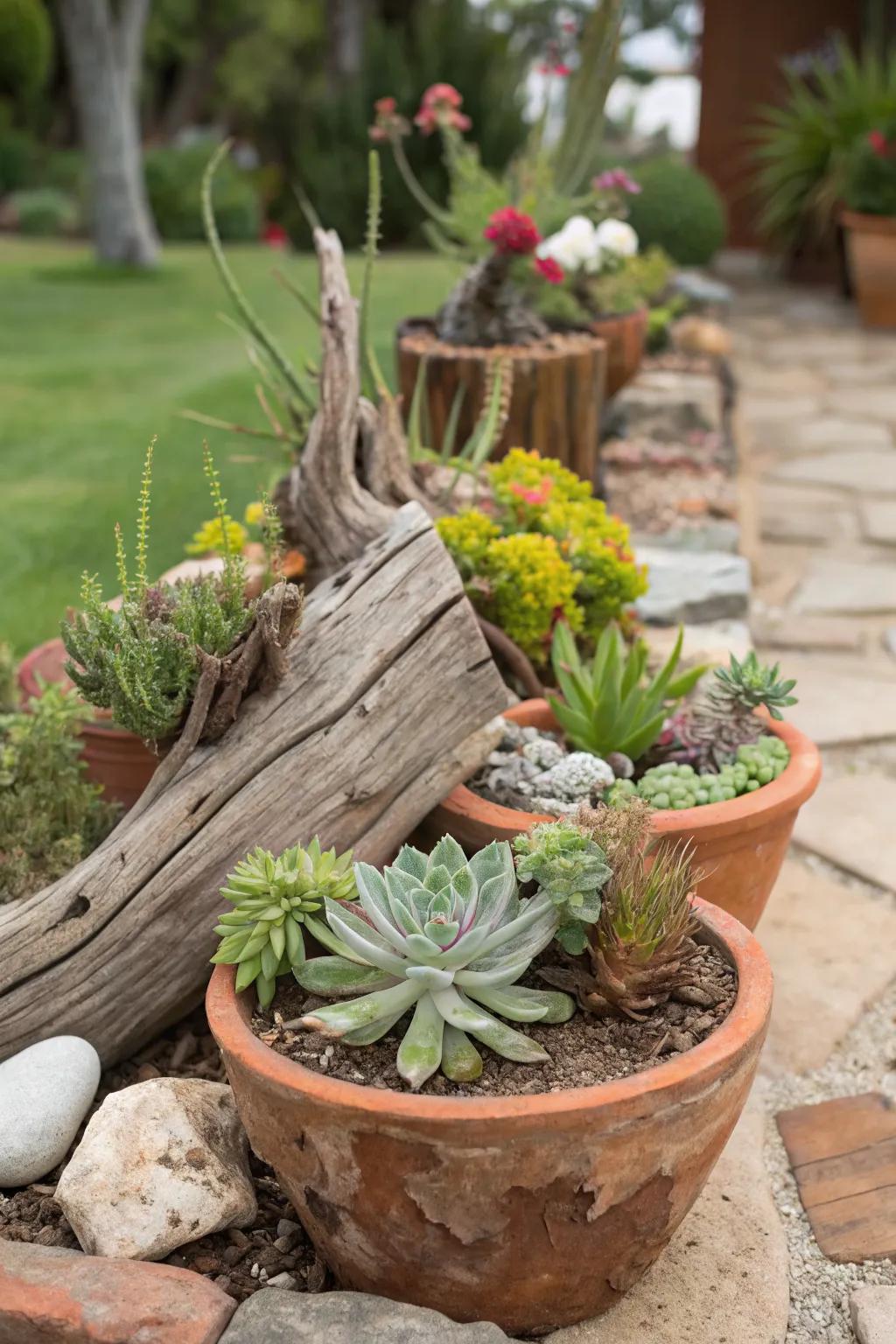 Natural elements like driftwood add rustic charm