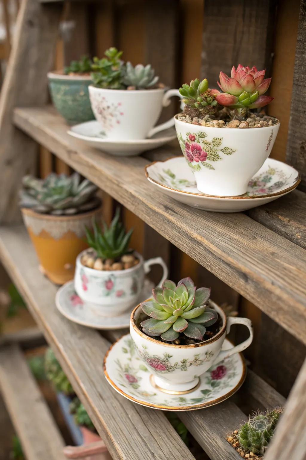 Vintage tea cups make charming mini planters