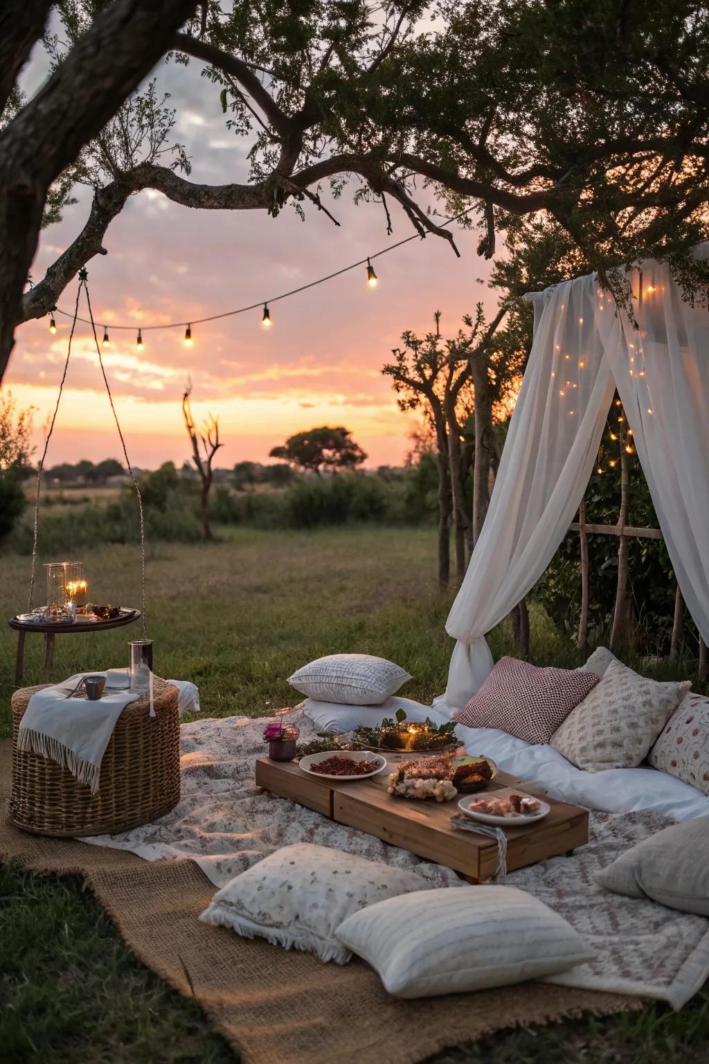Capture the magic of sunset with a picnic engagement party.