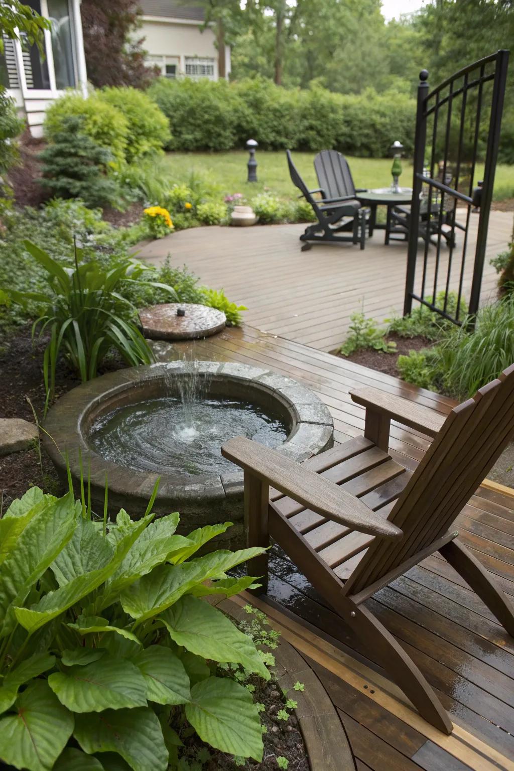 A water feature adds a soothing touch to your deck.