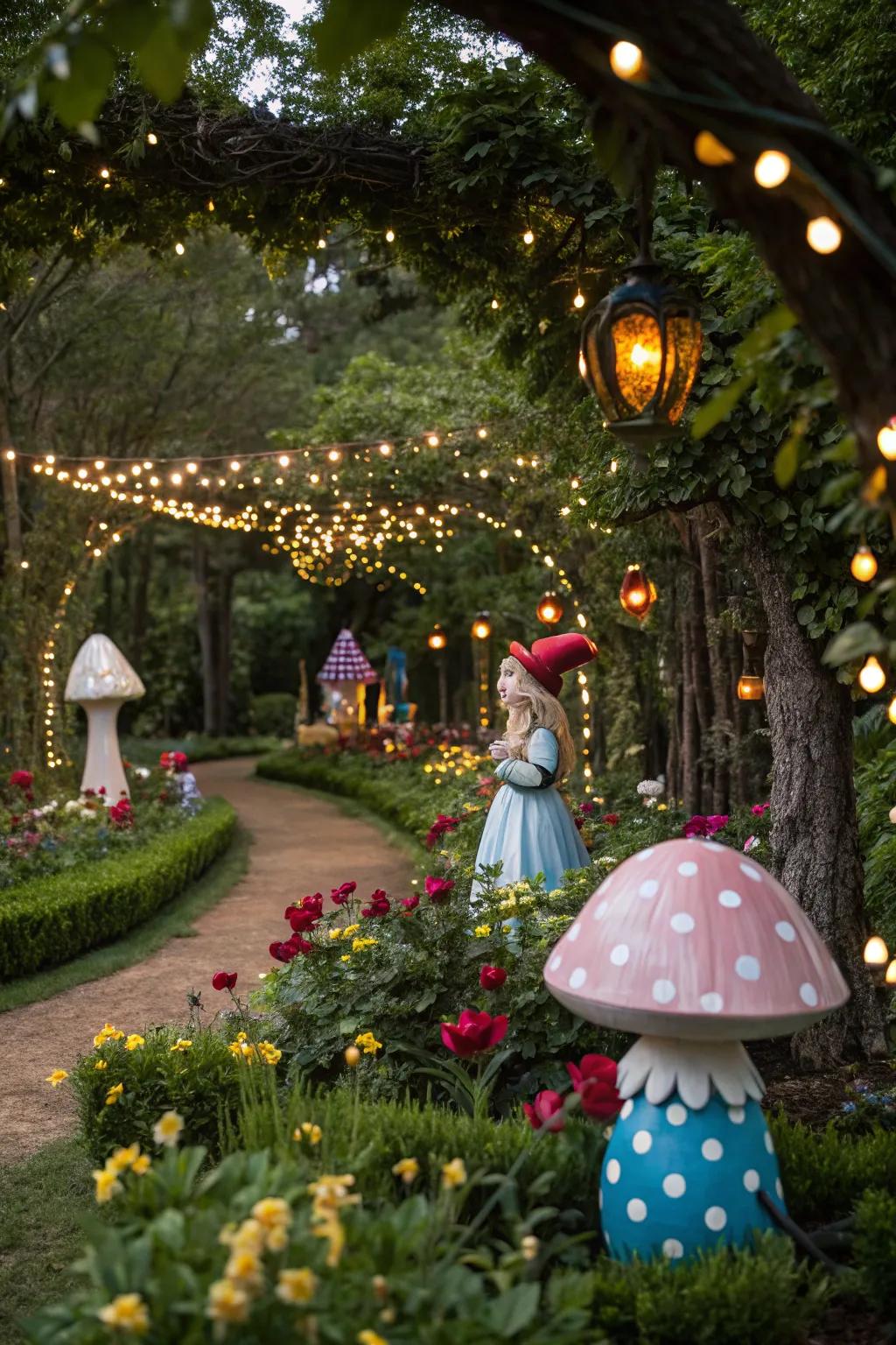 Garden with whimsical sculptures and magical fairy lights