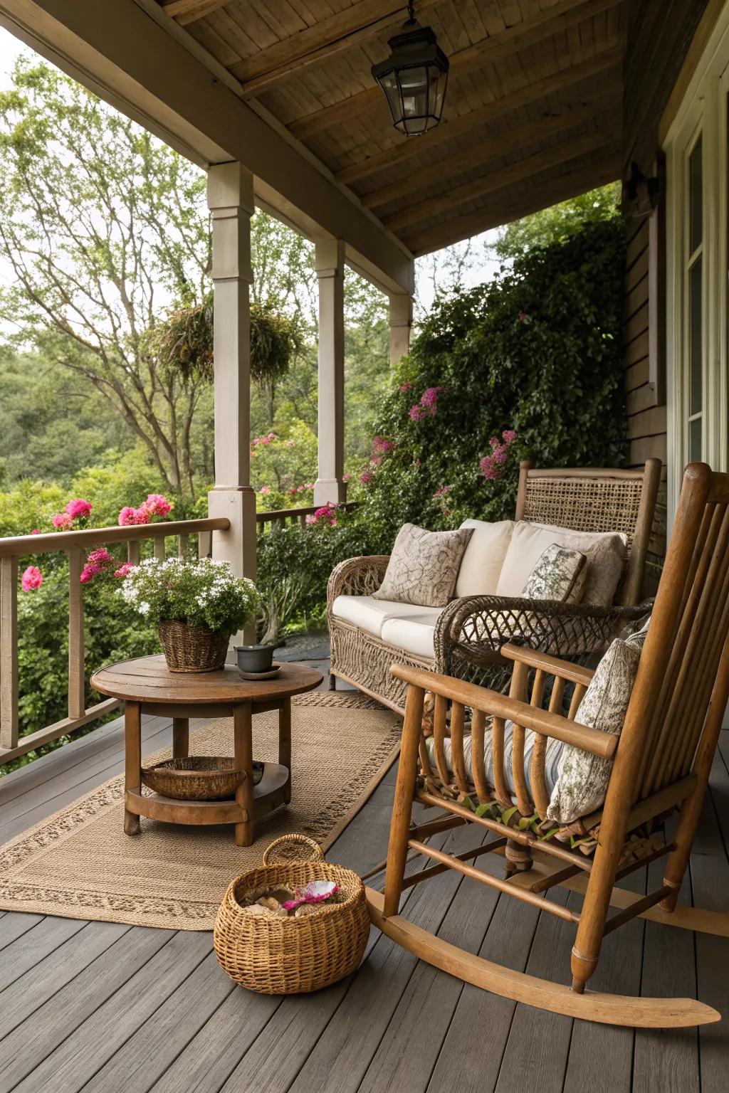 Natural elements like wood and wicker enhance the porch's charm.