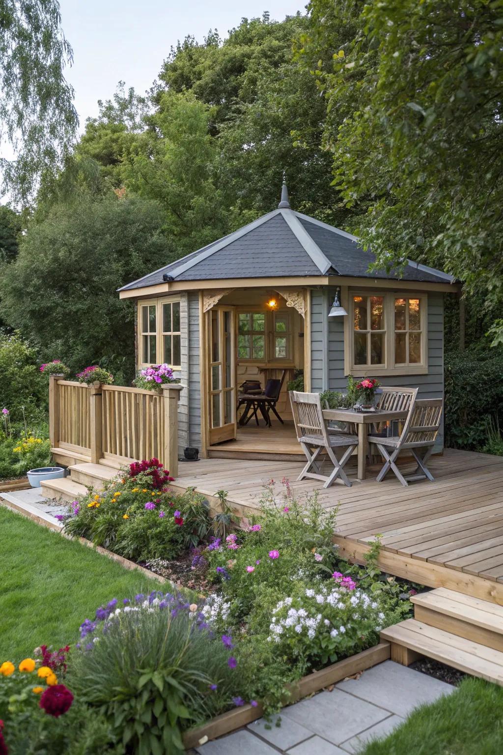 A summerhouse featuring an inviting outdoor deck.