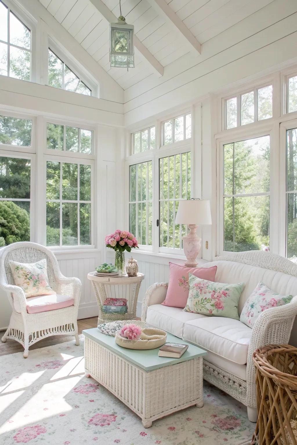 A light color palette enhances the sunroom's tranquility.
