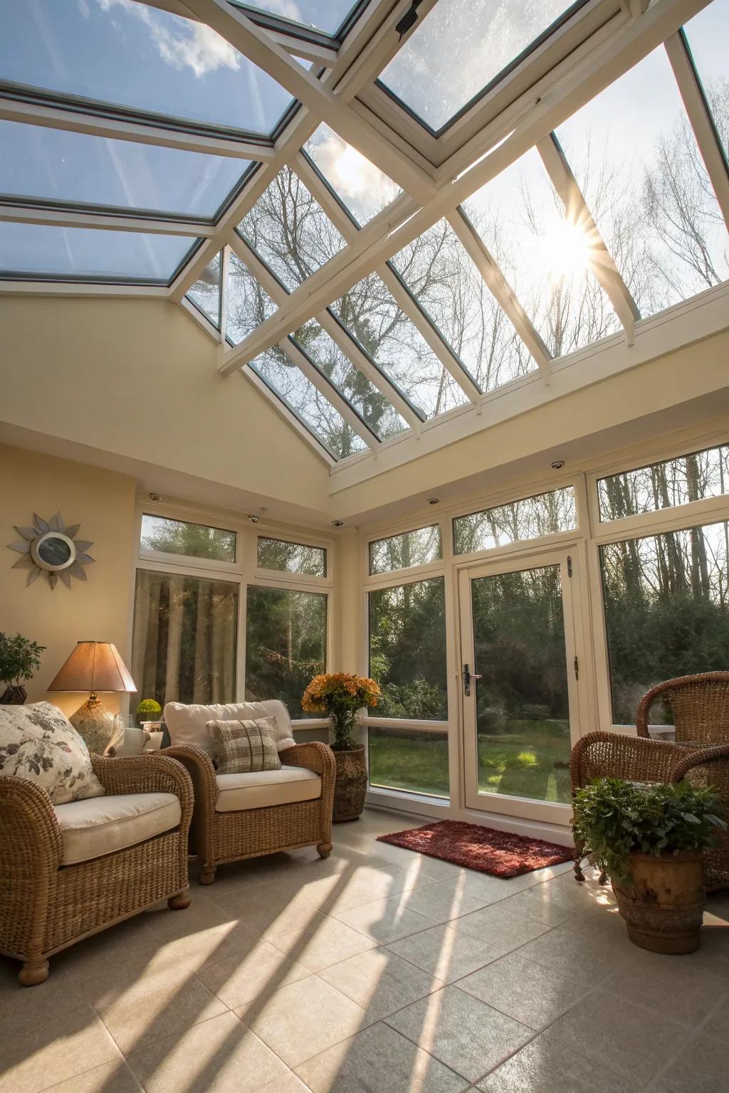 A skylight adds an extra dimension of light and openness to the sunroom.