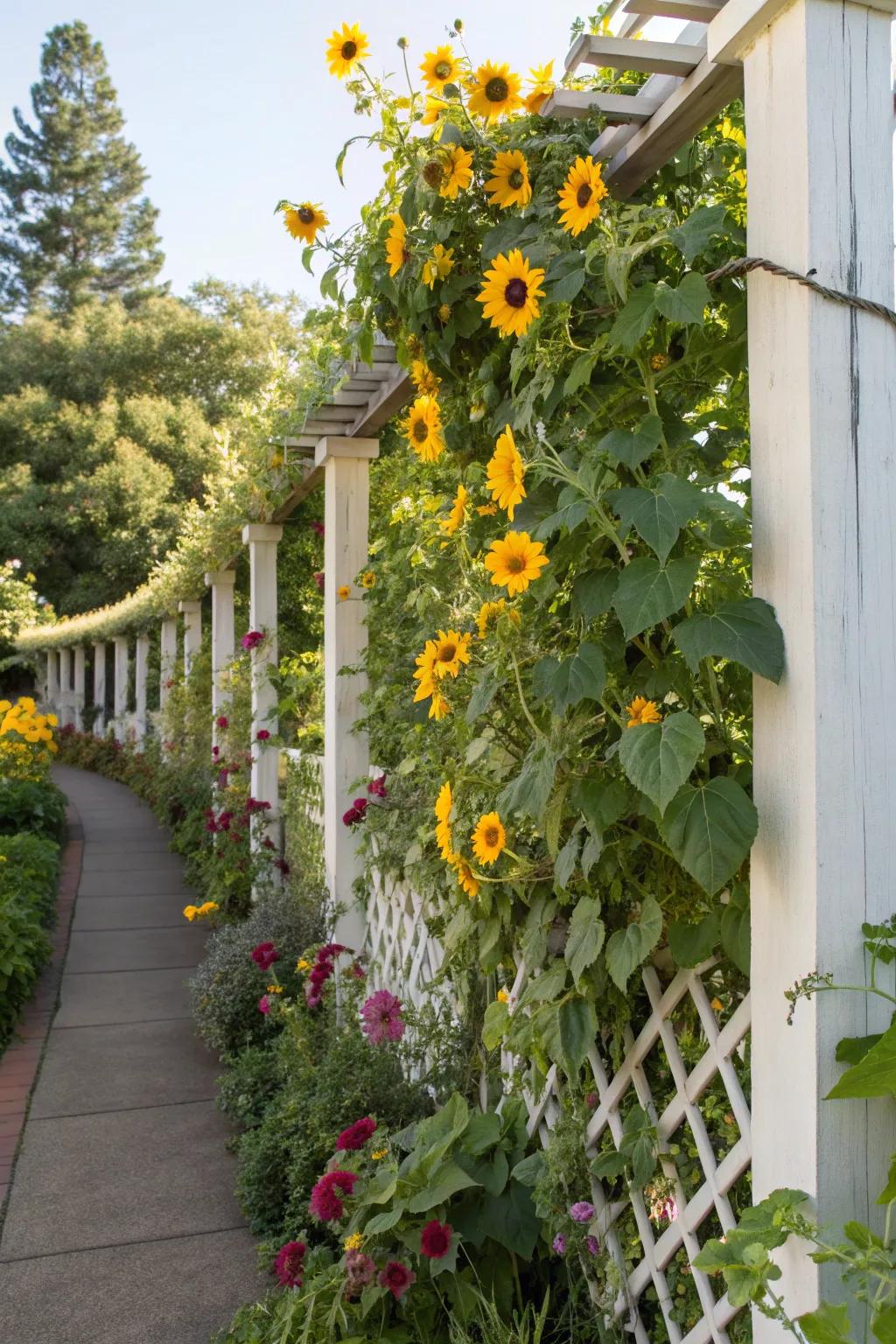 A colorful trellis with sunflowers and climbing plants.