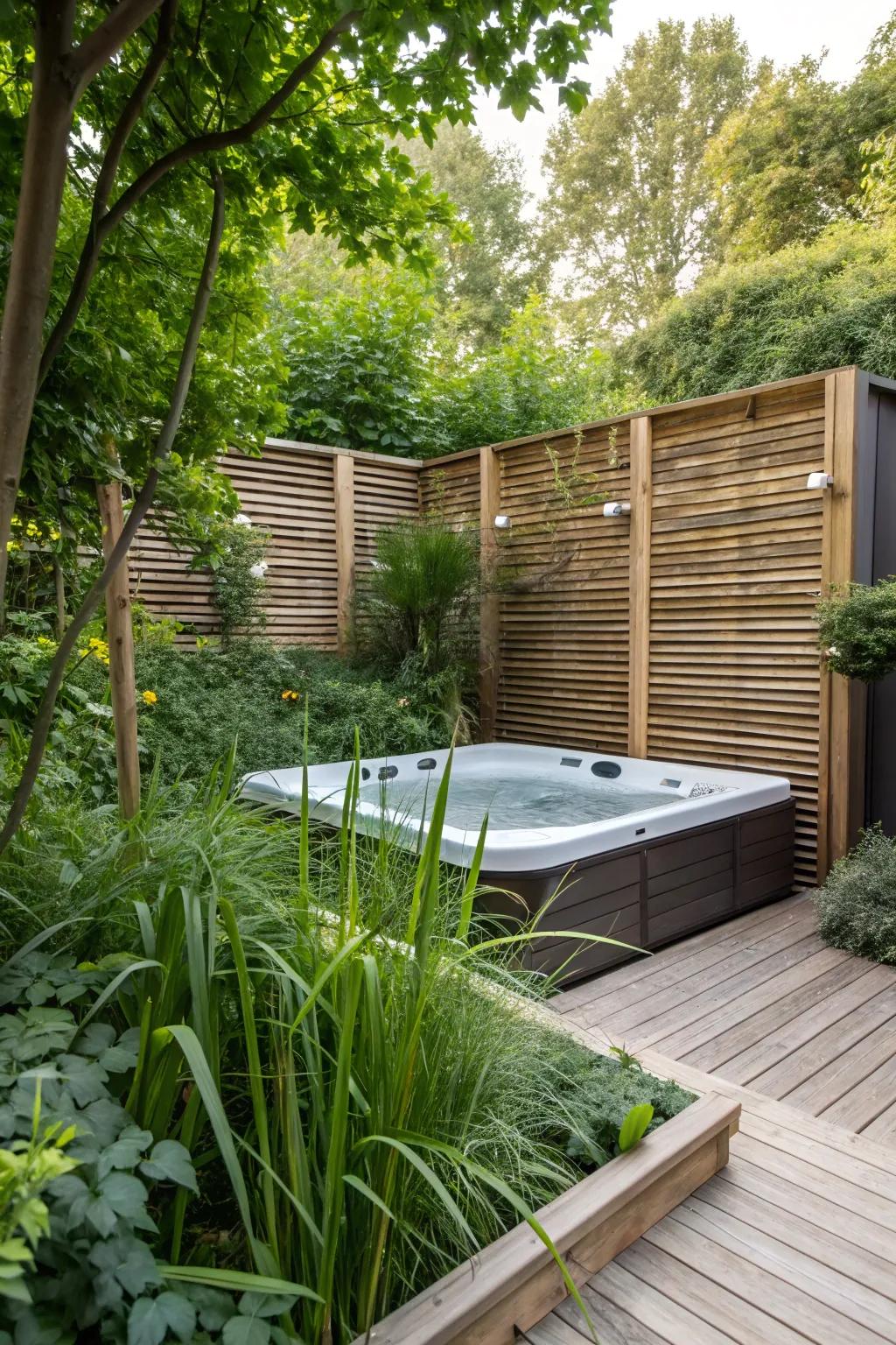 A sunken hot tub deck with privacy features for a secluded escape.