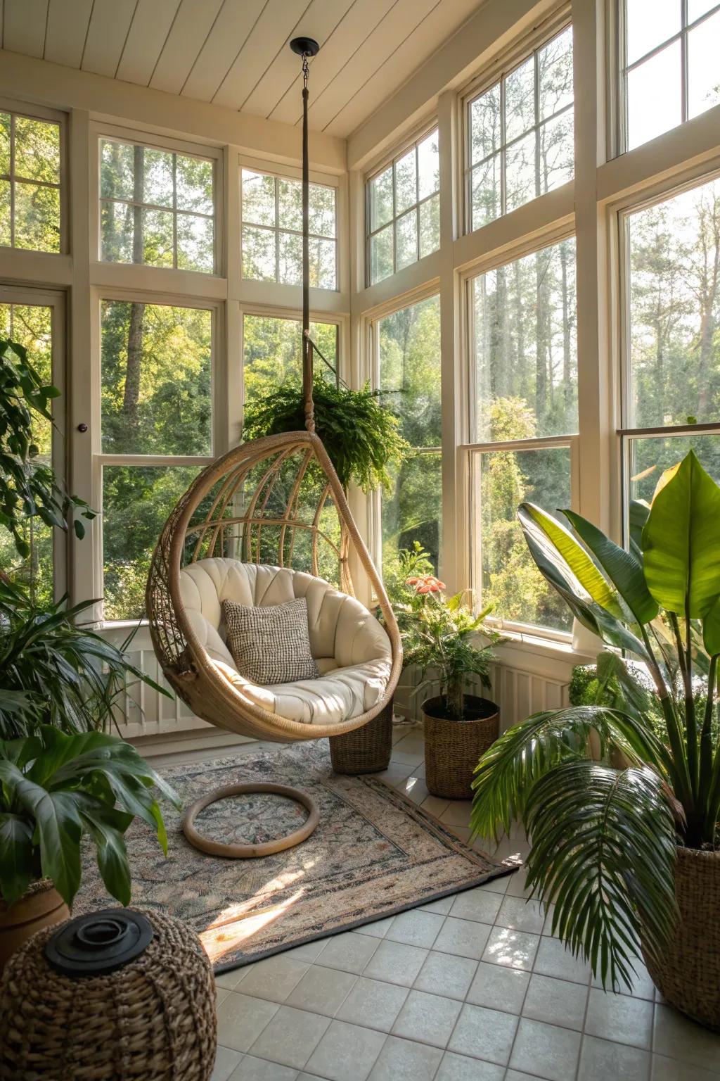 A hanging chair adds a playful touch to this sun-drenched sunroom.