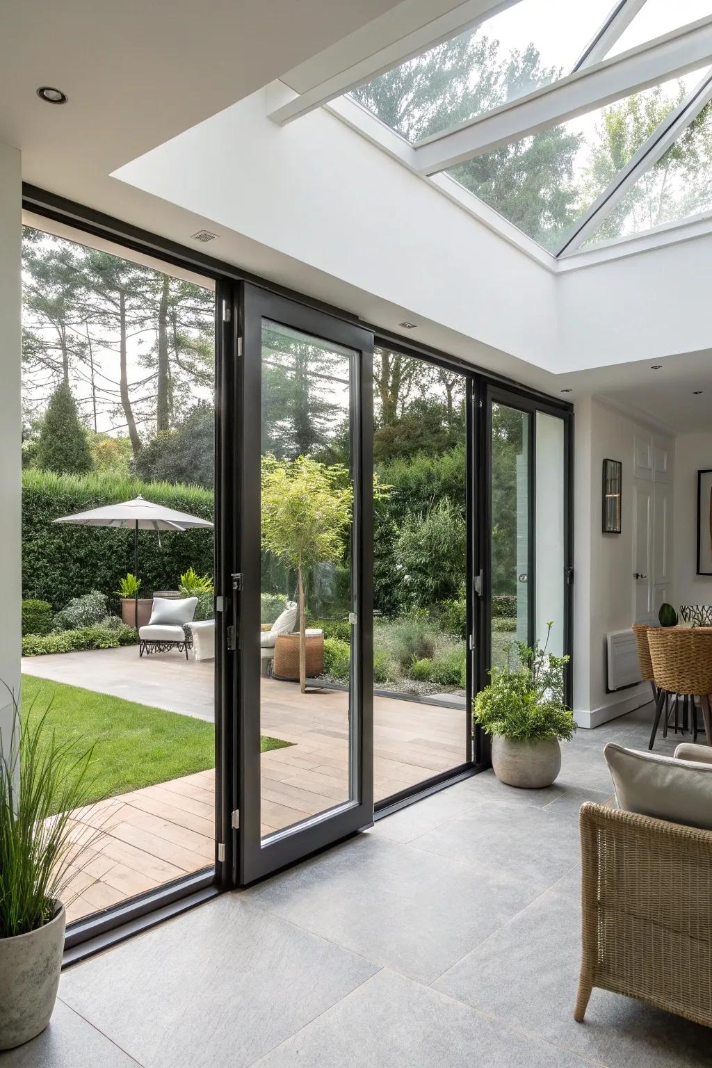 Modern pivot doors adding a contemporary twist to the sunroom.