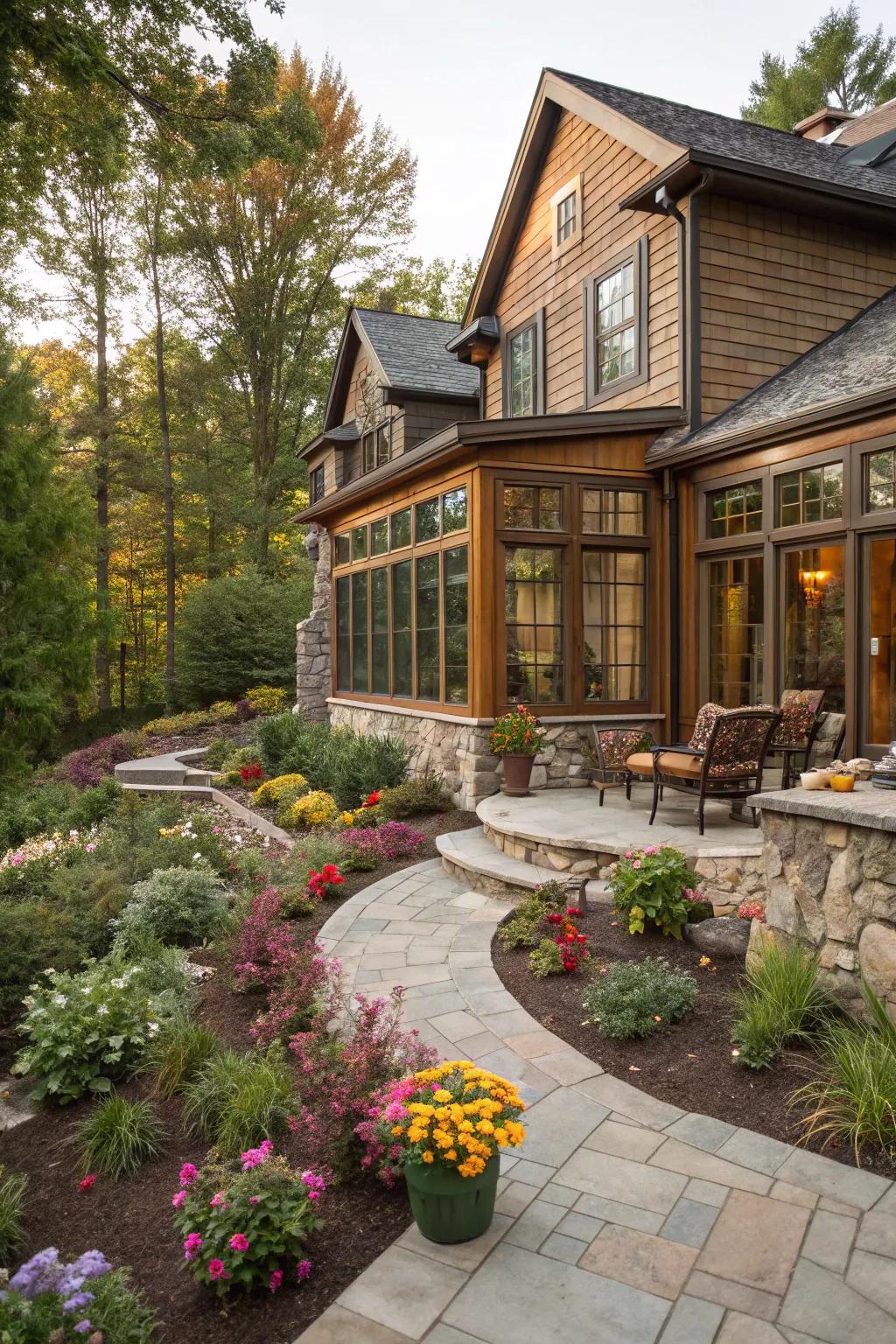 A sunroom with mixed textures, creating a dynamic visual appeal.