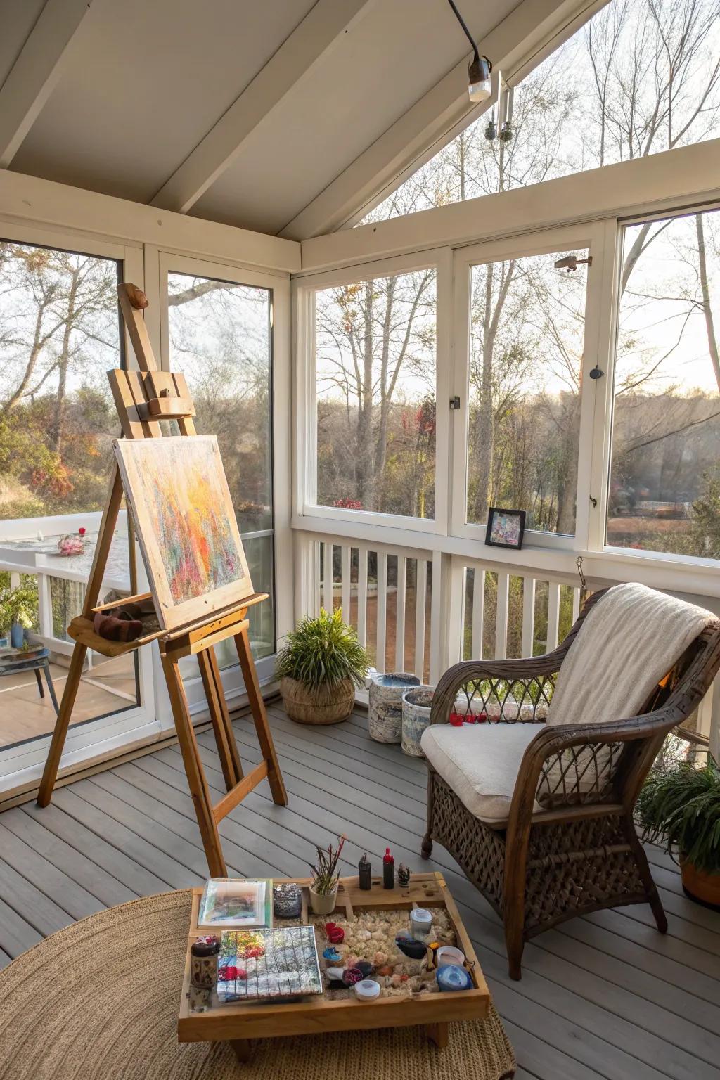 An artistic corner for creativity in a sunroom.
