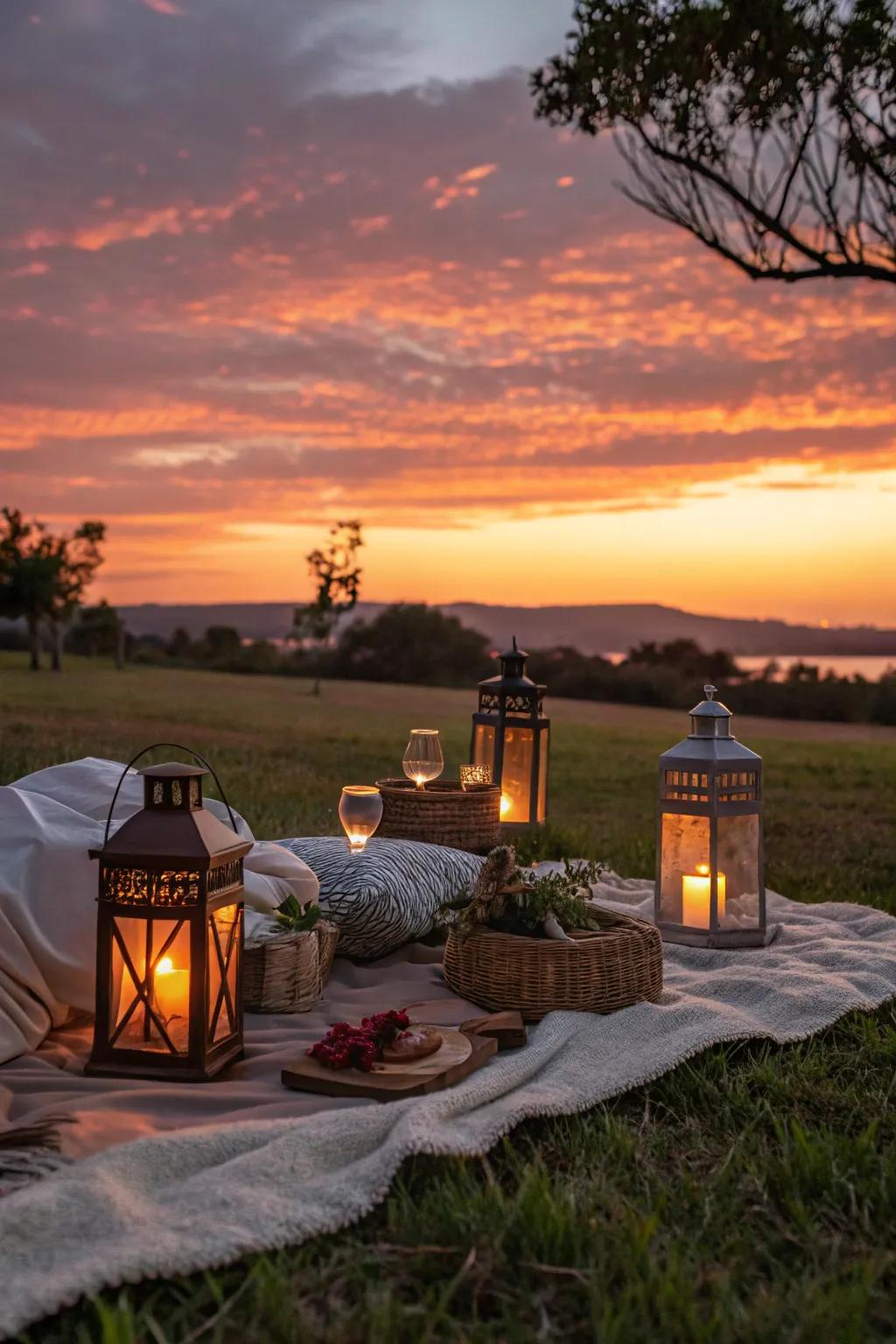 Lanterns adding a warm glow to a sunset picnic.