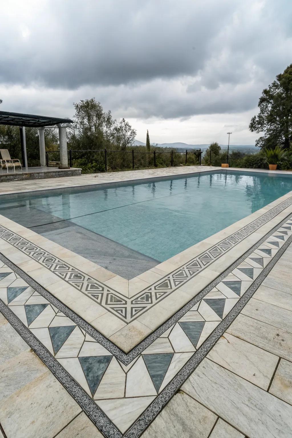 Geometric patterns bring an artistic and bold statement to pool borders.