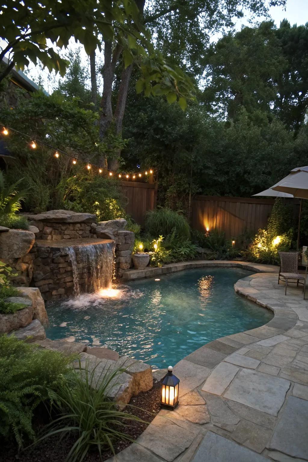 A soothing waterfall adds tranquility to this compact pool.