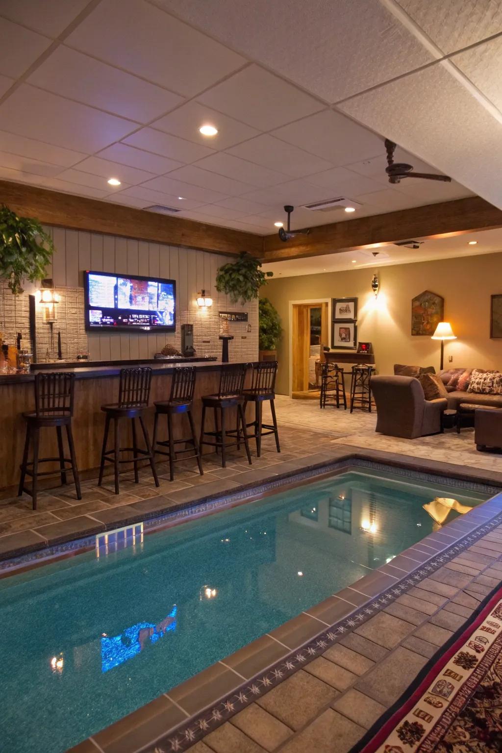 An entertainment nook turns the pool room into a social hub.