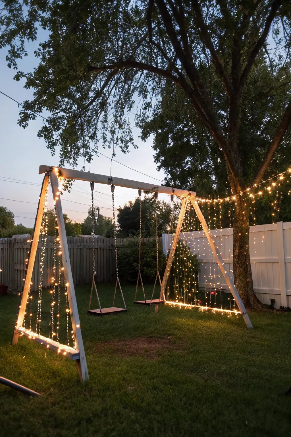 Swingset illuminated by enchanting string lights.