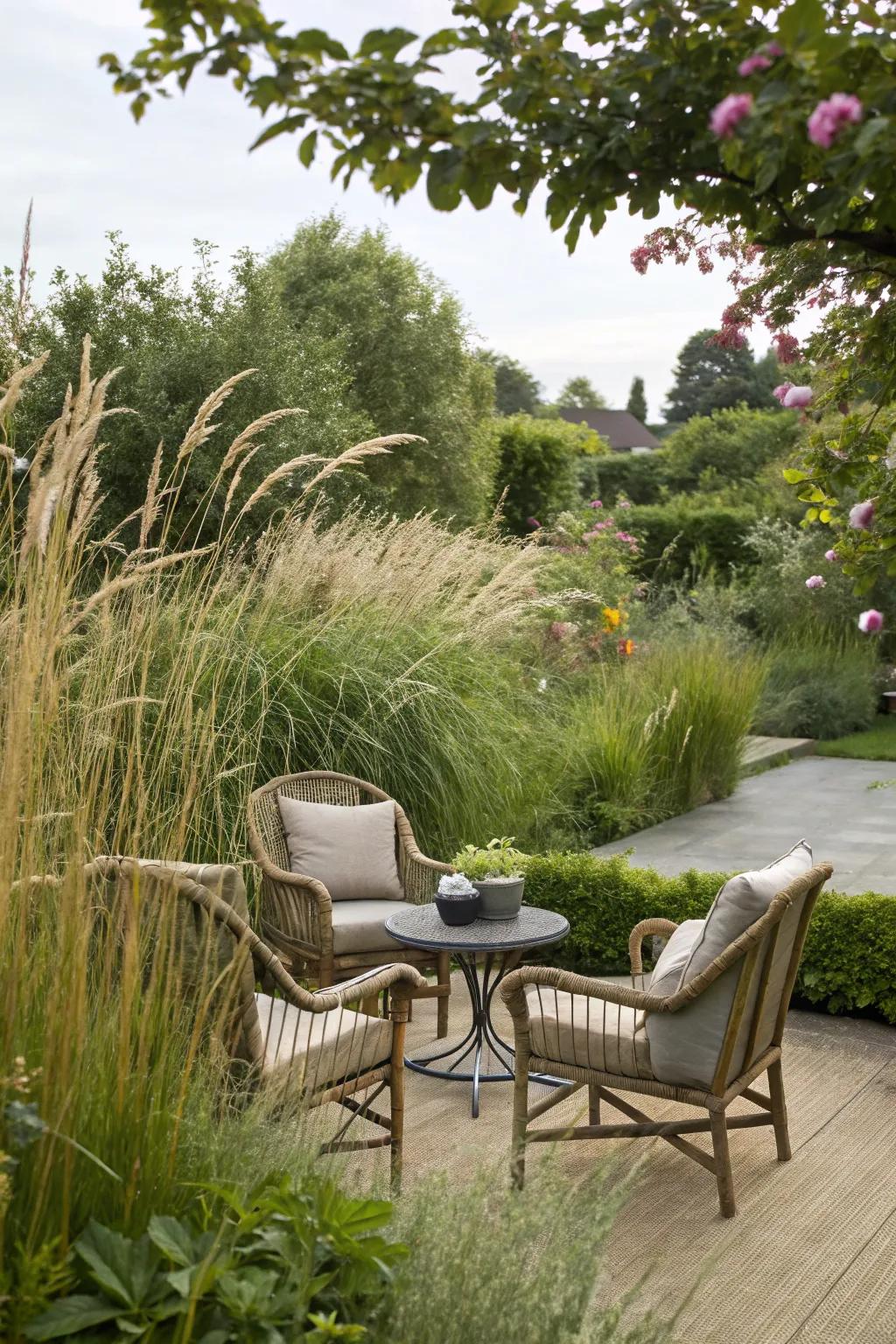 Tall grasses providing a serene backdrop for a garden seating area.