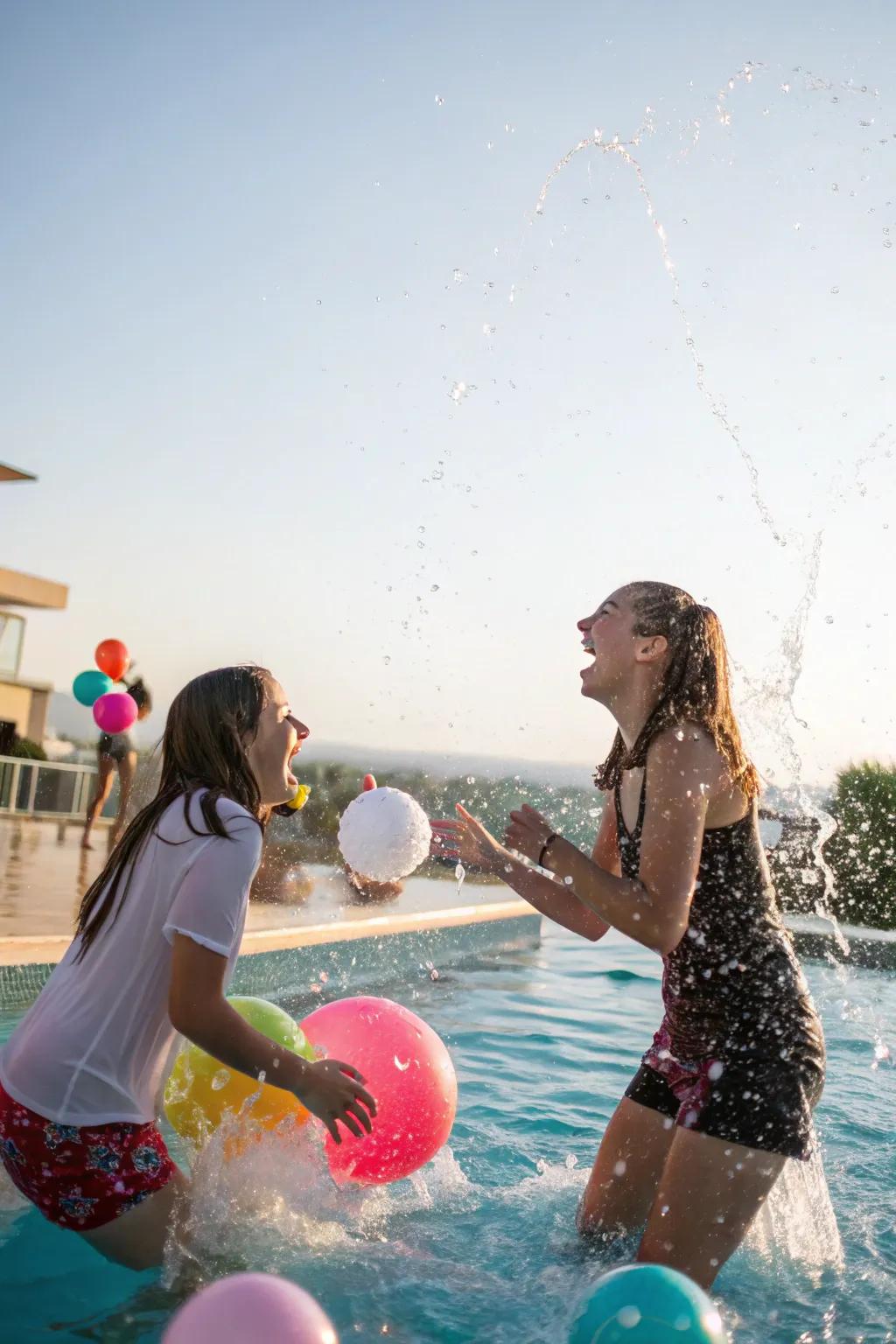 A fun water balloon battle at the poolside.