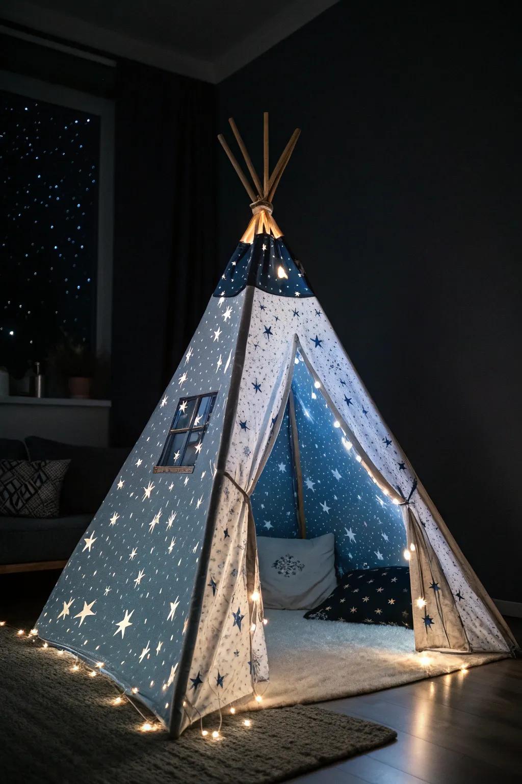 A cosmic-themed teepee brings the magic of the night sky indoors.