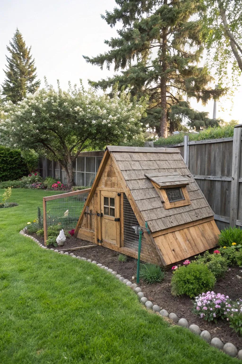 A simple yet effective A-frame chicken coop nestled in a backyard.