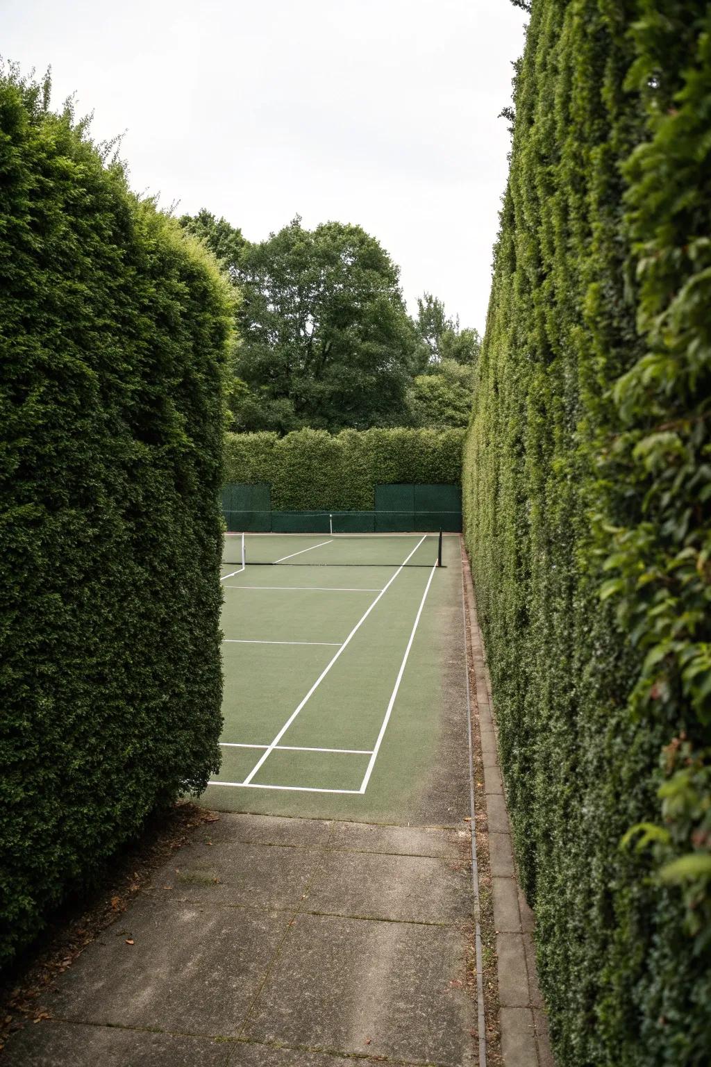 Hedges offer privacy and a lush backdrop for your tennis court.