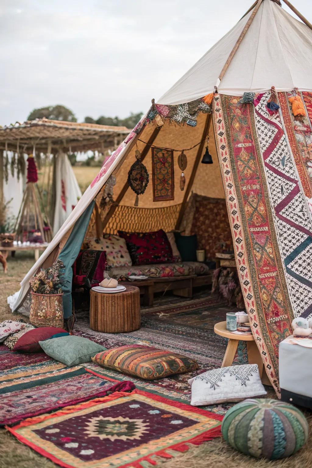 An eclectic tent showcasing a mix of textures and patterns.