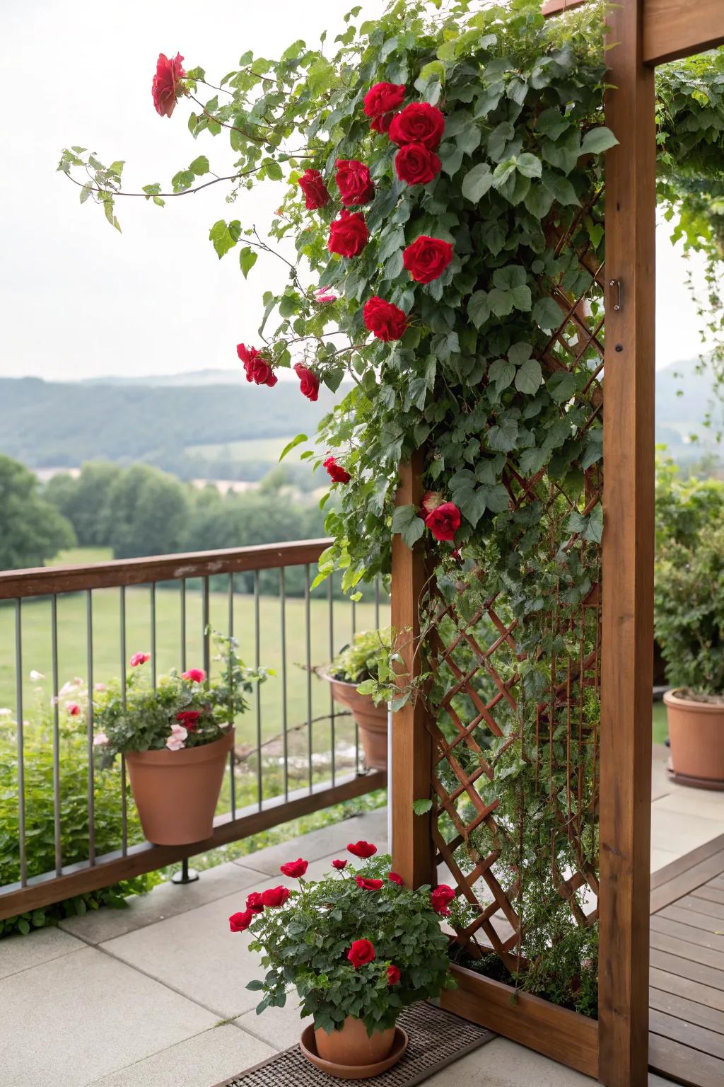 A green privacy screen adds seclusion and beauty.
