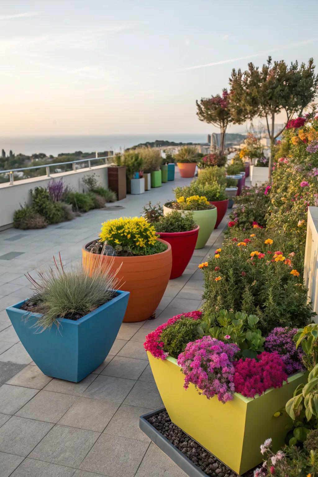 Creative containers bring color and personality to a terrace.