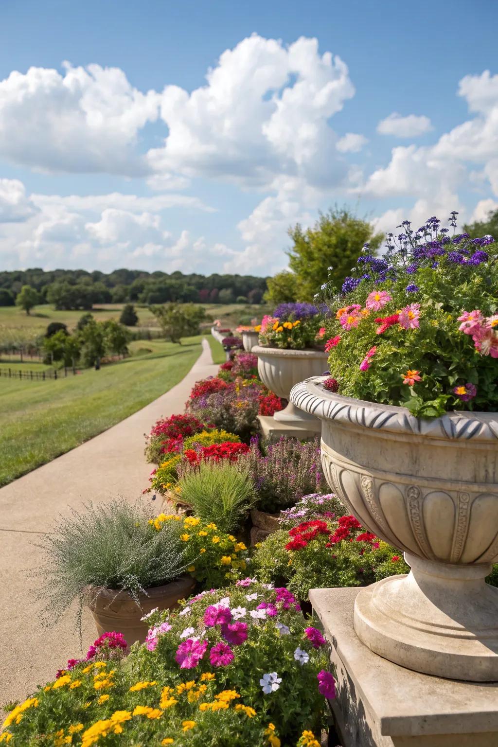 Potted arrangements add height and focal interest.