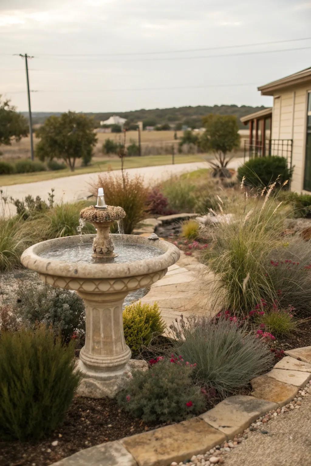 A small, elegant fountain in a Texas front yard.