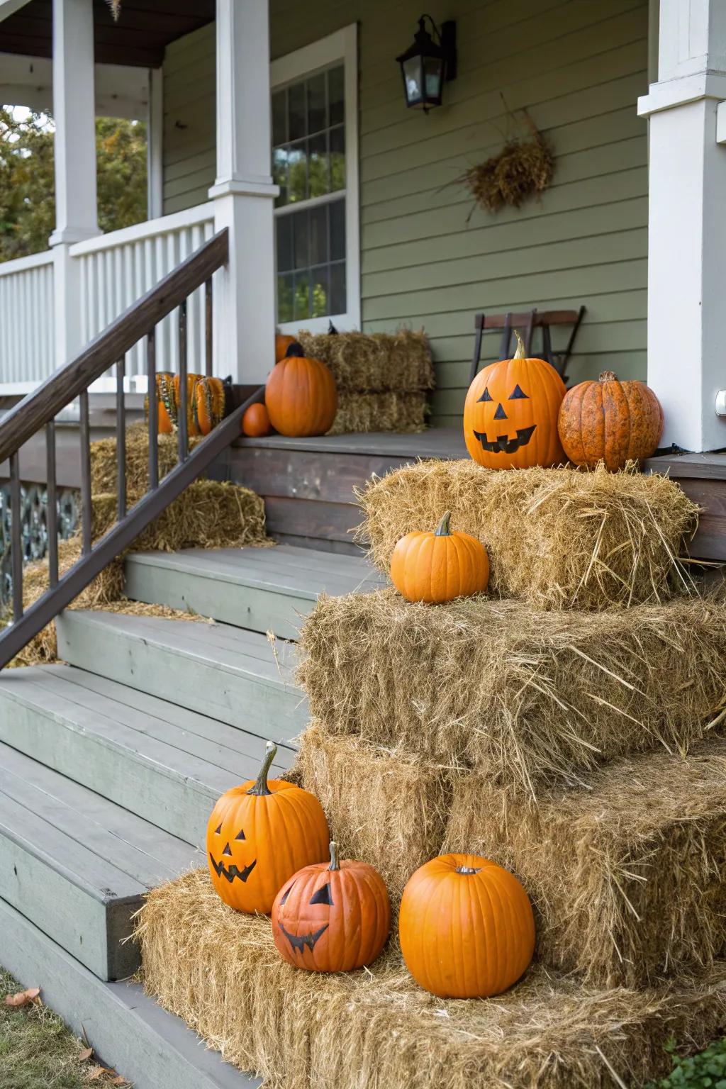 Rustic hay bales provide platforms for pumpkin displays.