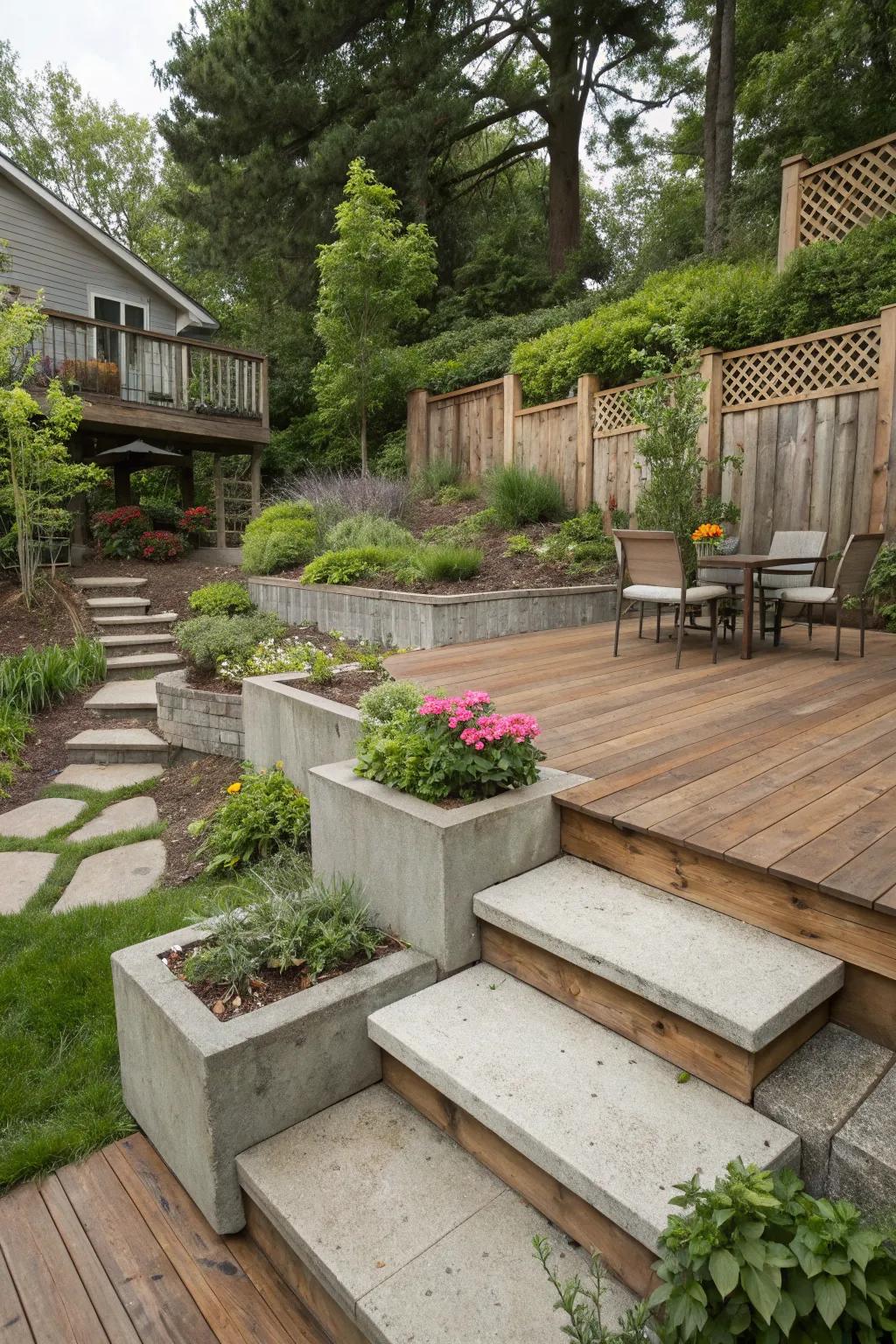 Mixing materials creates a visually striking garden.
