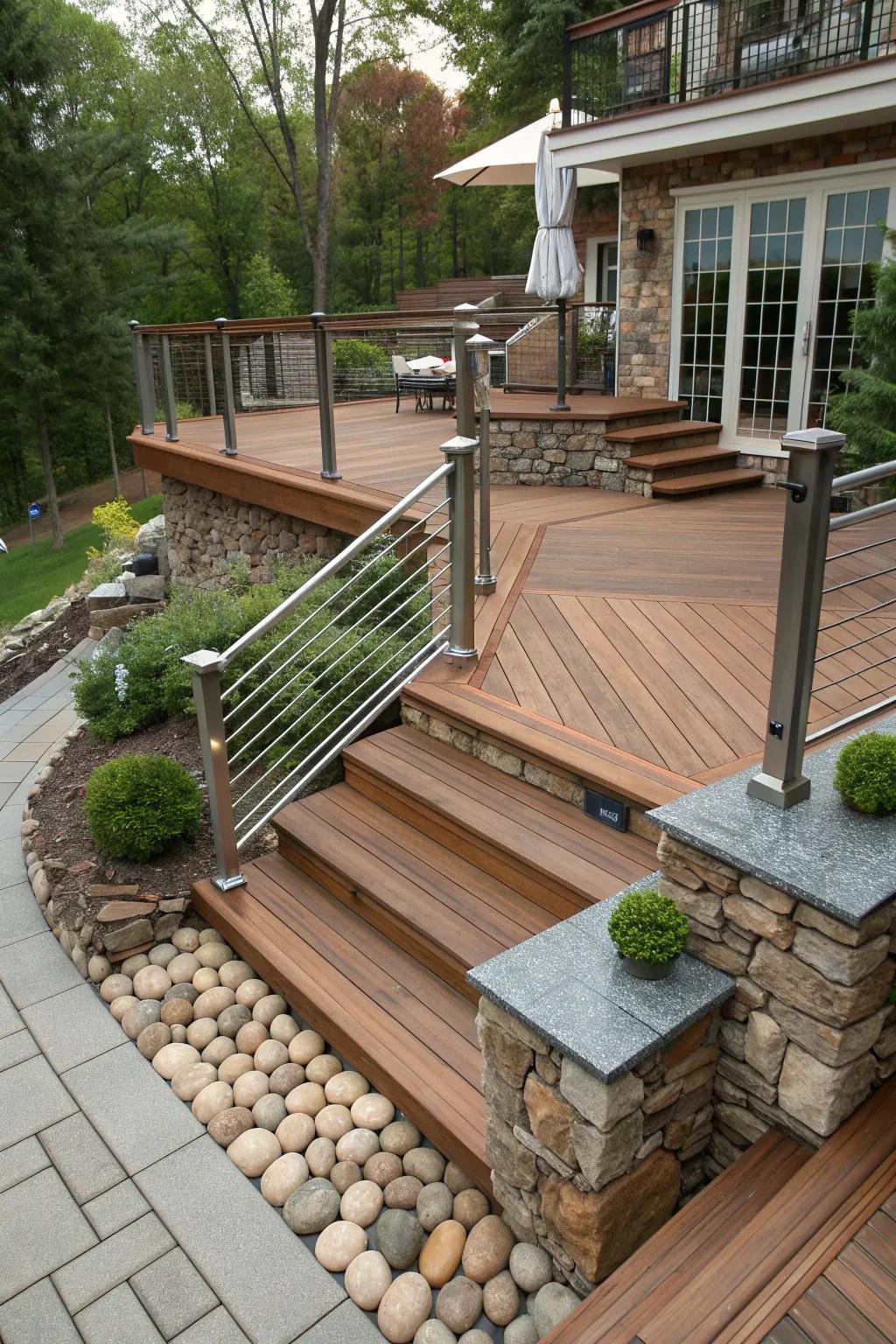 Dynamic use of materials creates a textured look on this tiered deck.