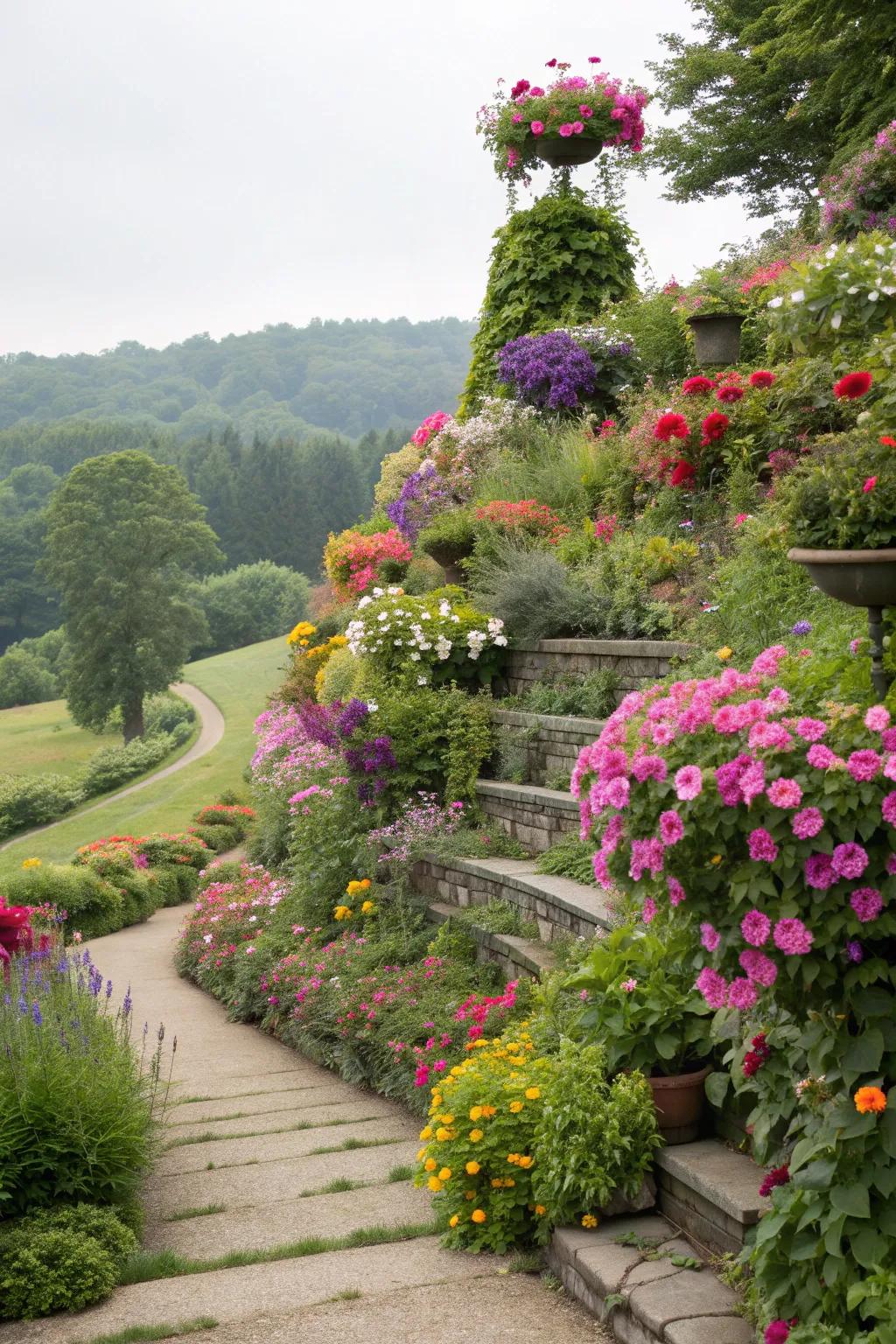 Vibrant flowers add a splash of color to tiered gardens.