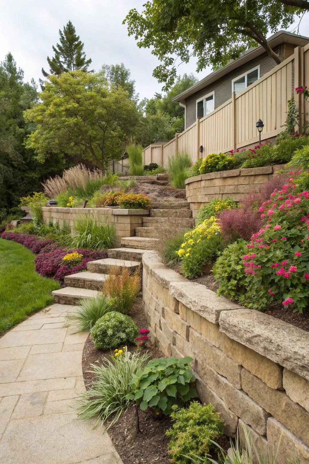 A tiered retaining wall that naturally complements and enhances the surrounding landscape.