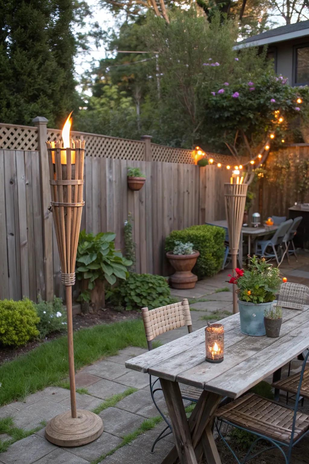 Create a rustic retreat with wooden tiki torches.