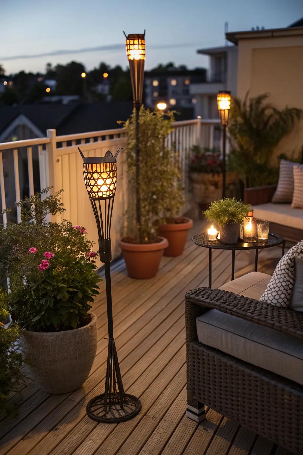 Tabletop tiki torches are perfect for creating an inviting atmosphere on balconies.