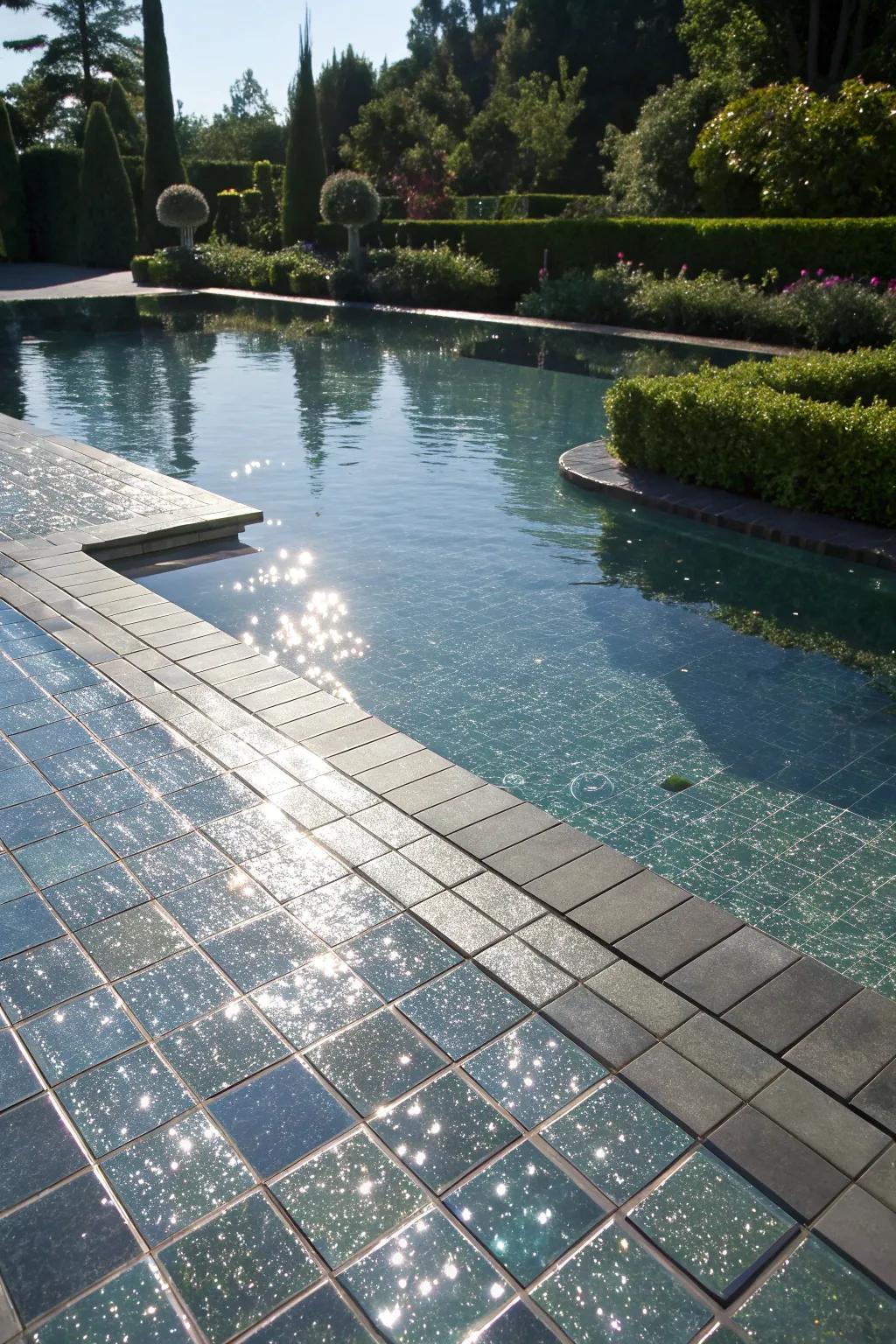 Glass tiles provide a shimmering, reflective quality to pool decks.