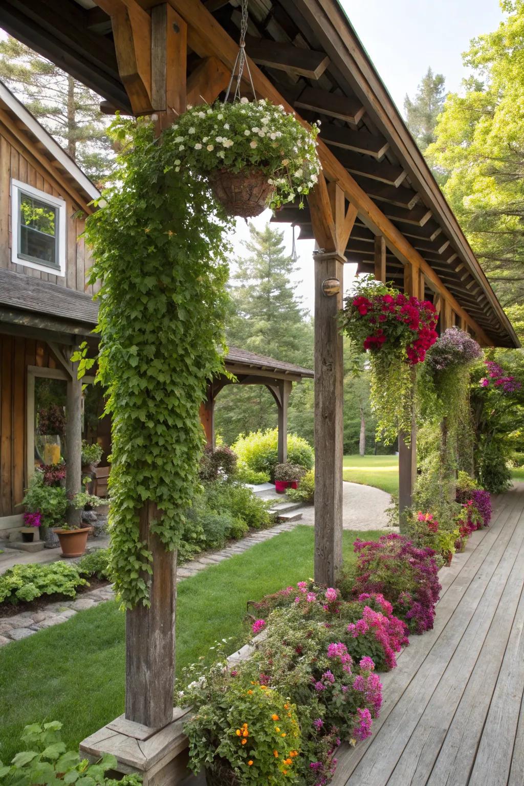 Hanging plants bring life and color to the porch.