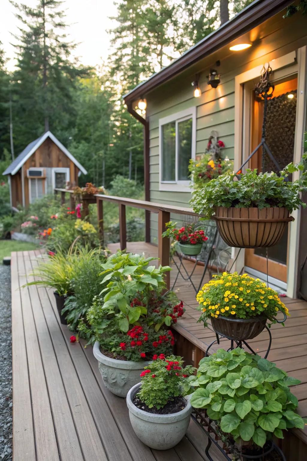 Planters and greenery enhance the deck's natural appeal.