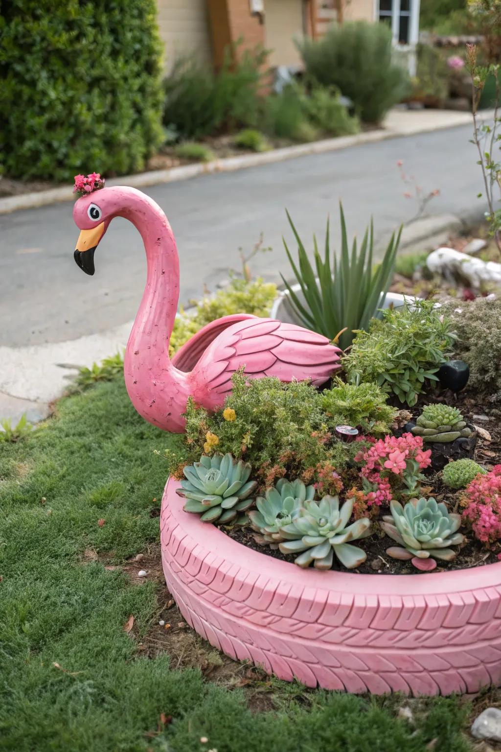 Flamingo tire planters add fun and creativity to gardens.
