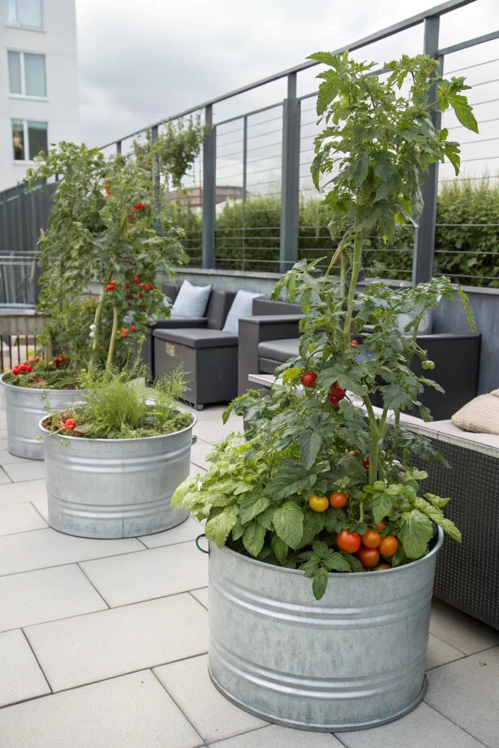 Galvanized tubs provide an industrial chic appeal for tomato gardening.