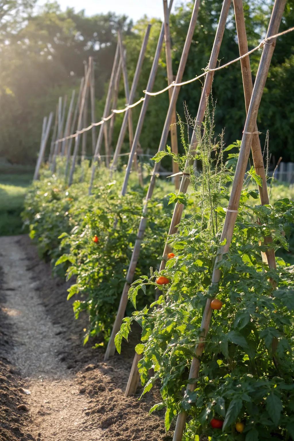 Efficient Florida Weave technique supporting tomatoes.