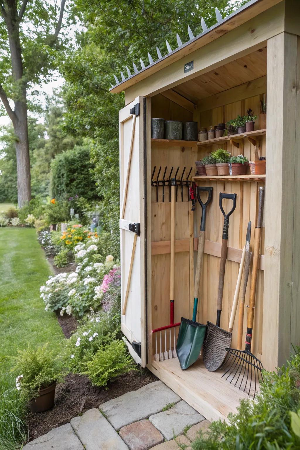 A garden tool rack helps keep the floor space clear.