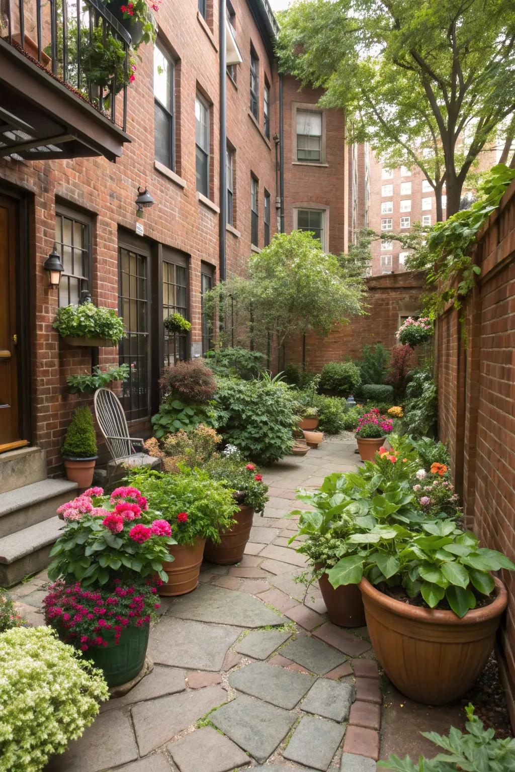 Potted plants bring color and flexibility to townhouse courtyards.